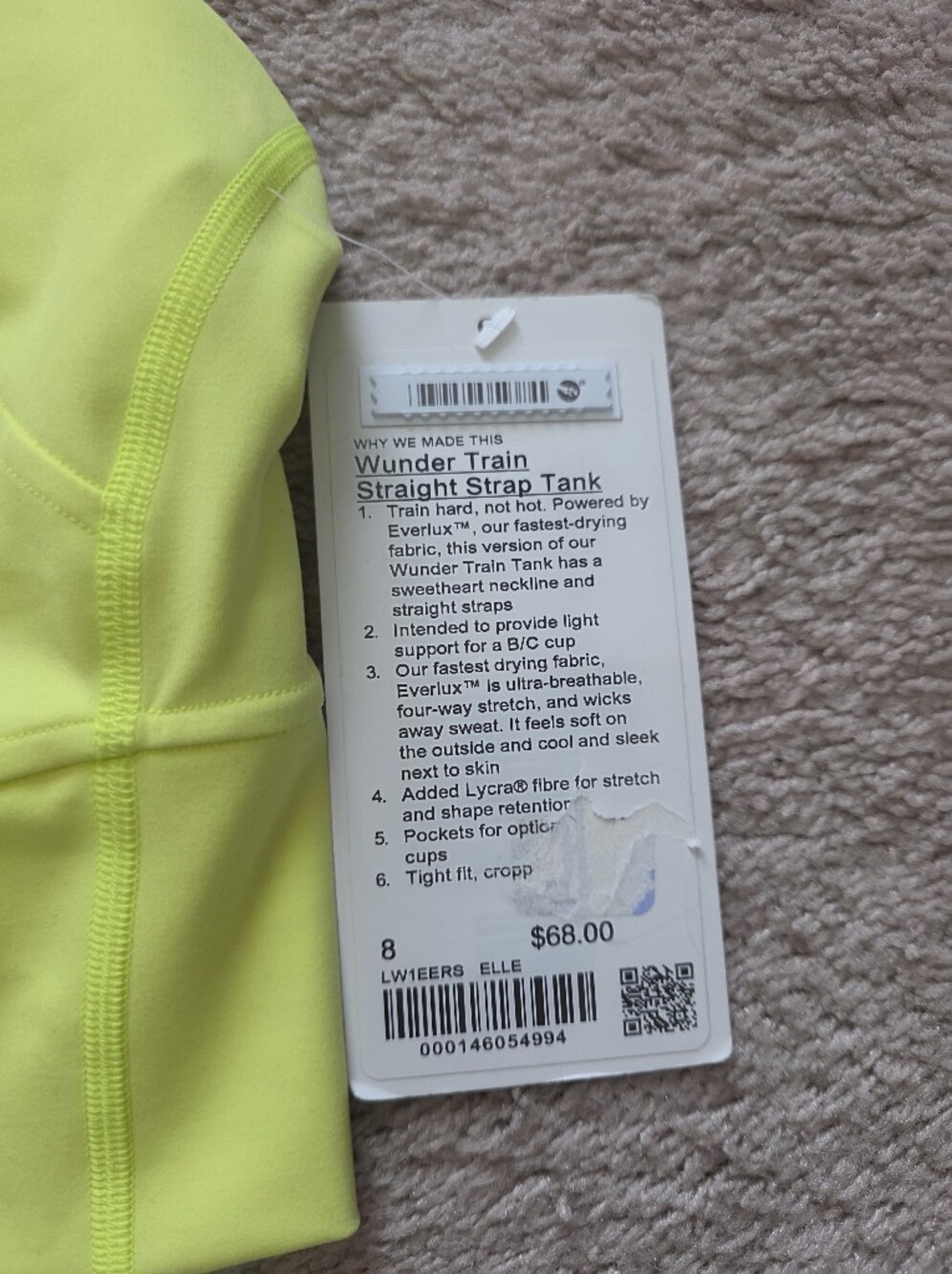 NWT Lululemon Wunder Train Straight Strap Tank Electric Lemon 8 - Picture 4 of 4